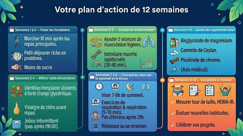 Infographie plan d'action 12 semaines pour améliorer la sensibilité à l'insuline : alimentation, sport, sommeil et compléments
