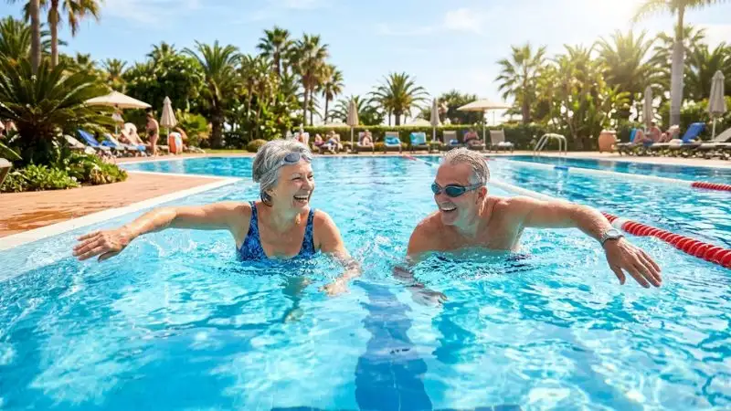 seniors heureux piscine ensoleillée couple natation bien-être après 50 ans
