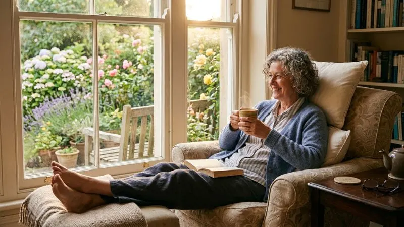 Femme de plus de 50 ans souriante tenant une tasse de tisane près d'une fenêtre ensoleillée.