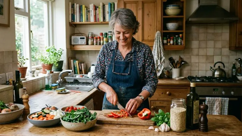 Femme mature cuisinant des légumes frais pour une alimentation riche en calcium au quotidien