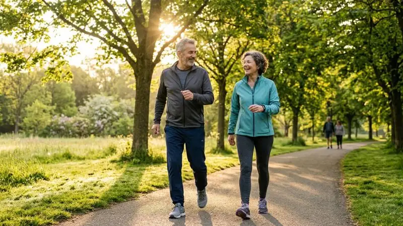 Couple de 55 ans marchant d'un pas énergique dans un parc ensoleillé pour une transformation durable après 50 ans