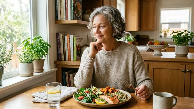 Femme senior réfléchissant à son alimentation, dans une cuisine lumineuse avec assiette saine devant elle.