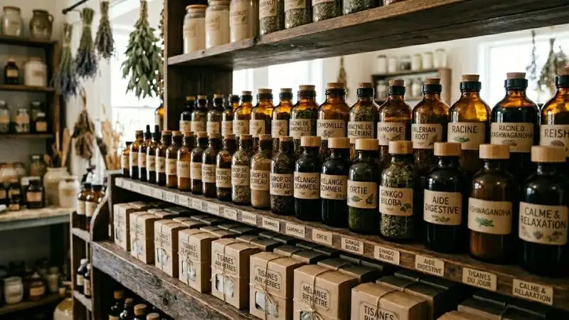 Rayon compléments naturels en parapharmacie, flacons et boîtes de compléments naturels bien rangés, restrictions légales du Tongkat Ali et alternatives disponibles en France