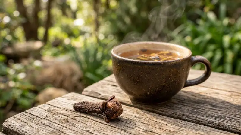 Clou de girofle et tasse d'infusion fumante posés sur une planche en bois dans un jardin verdoyant.