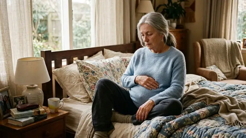 Femme senior fatiguée assise sur son lit, ventre gonflé, lumière douce du matin.