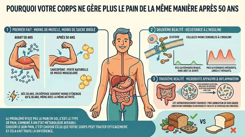Infographie sur les changements du corps après 50 ans et l'effet du pain sur la glycémie.