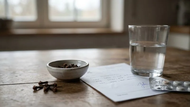 Clous de girofle dans un bol, verre d'eau et ordonnance médicale posés sur une table en bois sobre.