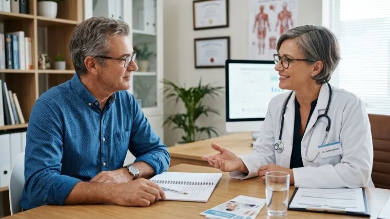 Homme senior en consultation médicale bienveillante pour une détox en toute sérénité.