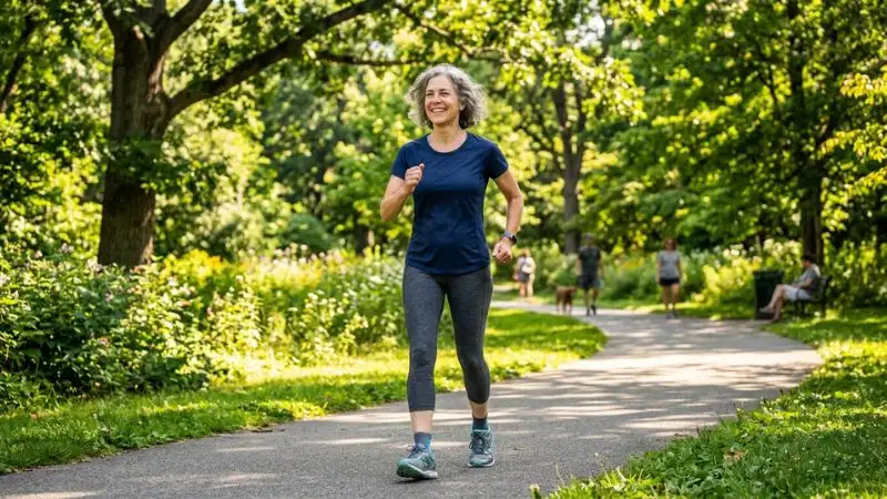 Femme active de 55 ans marchant d'un pas vif dans un parc verdoyant après 50 ans