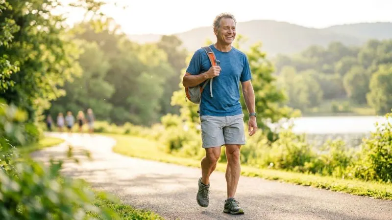 Homme senior souriant en marche dans un parc, avec une posture pleine d’énergie.