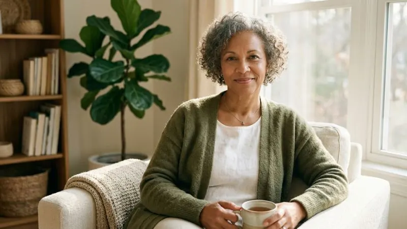 Femme souriante assise dans un salon, symbole de bien-être et de prévention santé.