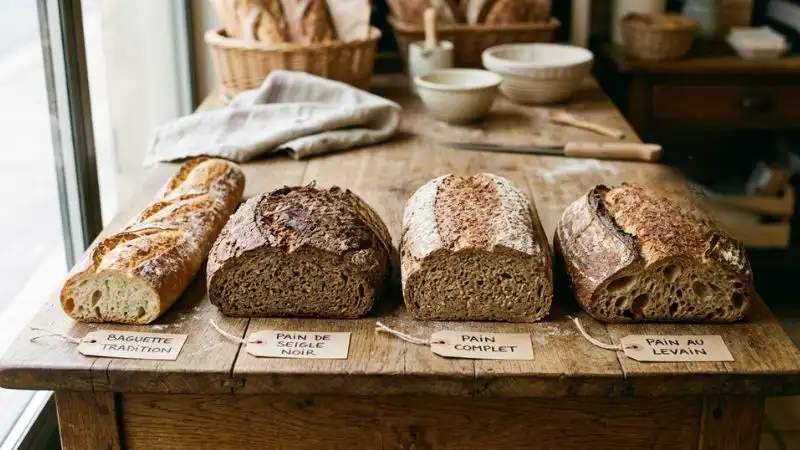 Pain de seigle, pain complet, baguette traditionnelle et pain au levain alignés sur une table en bois dans une boulangerie.