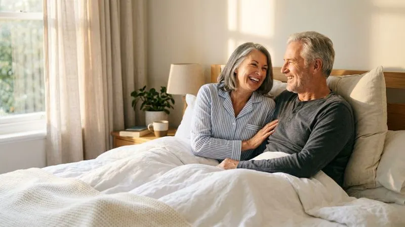 Couple de 60 ans souriant et reposé au réveil, lumière matinale dorée, lit blanc bien fait, expressions de satisfaction et
de vitalité, fond de chambre chaleureux