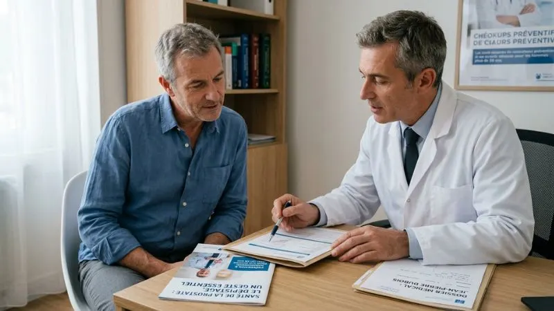 Homme en consultation médicale de prévention avec un médecin évoquant le suivi de la prostate