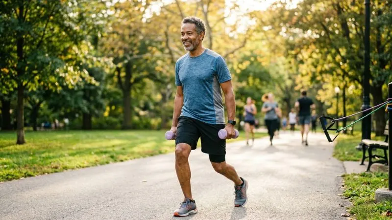 Homme en tenue de sport marchant dans un parc, tenant de petits haltères. pour entretenir ses muscles.