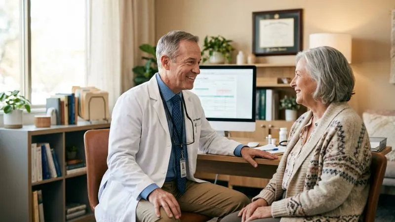 Médecin souriant, en discussion bienveillante avec un patient de 55 ans, expression d'écoute et sécurité effets secondaires et contre-indications du Tongkat Ali après 50 ans