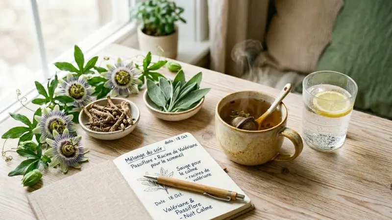 composition de plantes médicinales pour le sommeil naturel après 50 ans — valériane, passiflore et sauge avec tisane fumante
sur fond bois clair