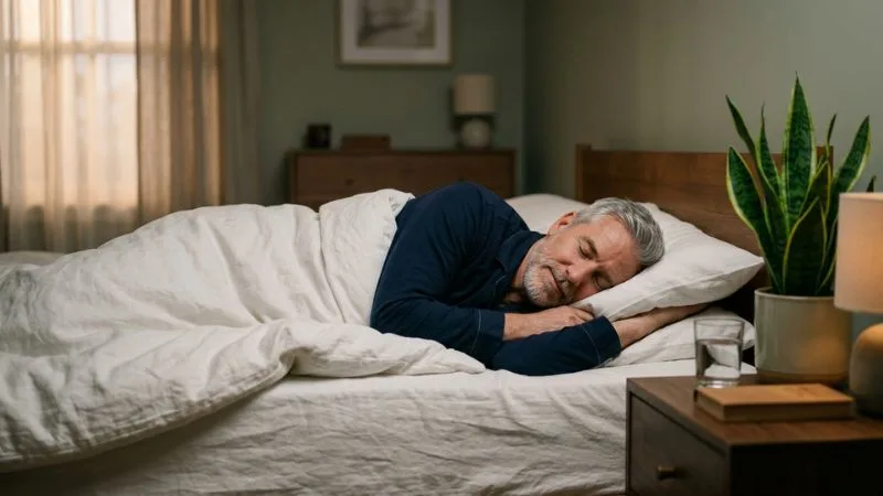 Homme de 55 ans dormant paisiblement dans un lit avec des draps blancs pour réguler les hormones et favoriser la perte de poids
