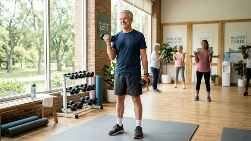 homme de 55 ans pratiquant la musculation légère avec haltères pour préserver la masse musculaire et booster le
métabolisme