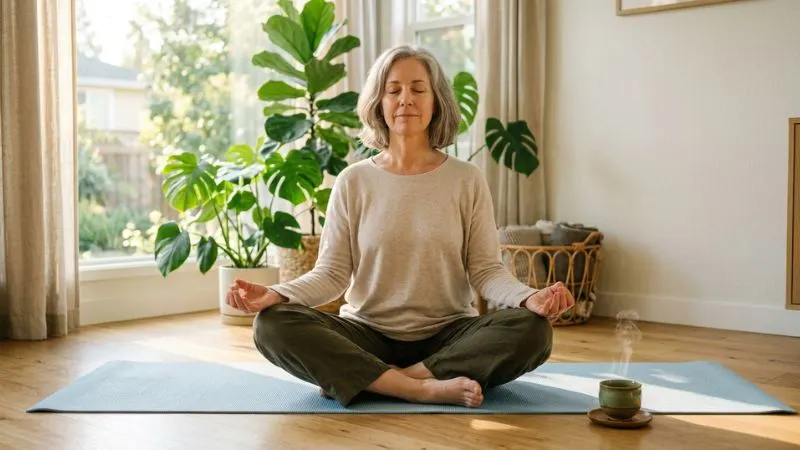 femme 55 ans pratiquant la méditation matinale pour réduire le cortisol et limiter le stockage
abdominal