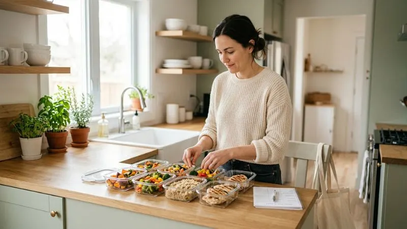 Femme préparant des repas sains à la maison, ambiance sans stress.
