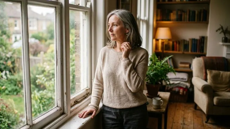 Femme de 55 ans debout près d'une fenêtre, expression pensive et légèrement fatiguée, lumière naturelle douce, tenue décontractée, fond intérieur flou et chaleureux,