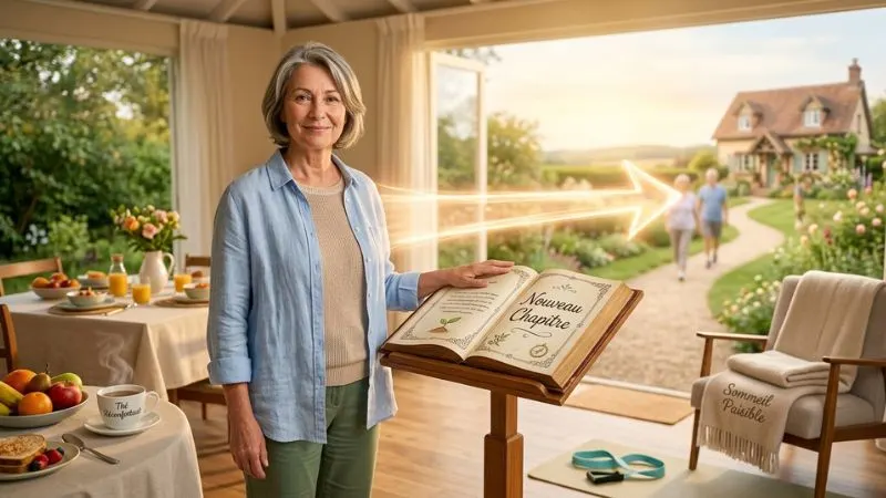 Femme de 50 ans devant un livre ouvert, symbole d’un nouveau départ santé