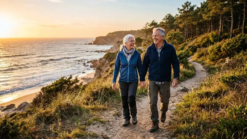 couple de 60 ans marchant en pleine nature avec énergie et vitalité grâce à une alimentation
adaptée et bienveillante