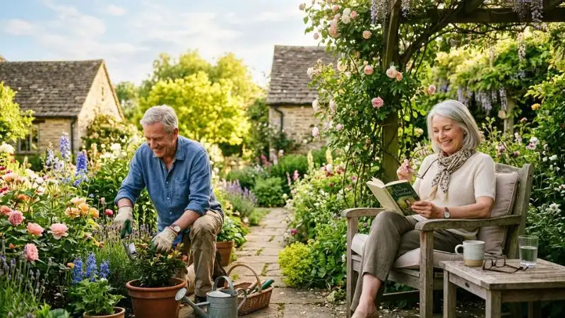 Couple 60 ans, souriant, en pleine activité douce homme jardinage,
la femme lecture dans un jardin ensoleillé, vitalité retrouvée grâce à une horloge biologique resynchronisée après 50 ans