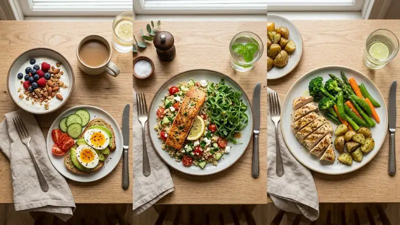 Vue de dessus de trois repas équilibrés sur une table : petit-déjeuner avec œuf et tartine, déjeuner avec saumon,
dîner avec volaille et légumes
