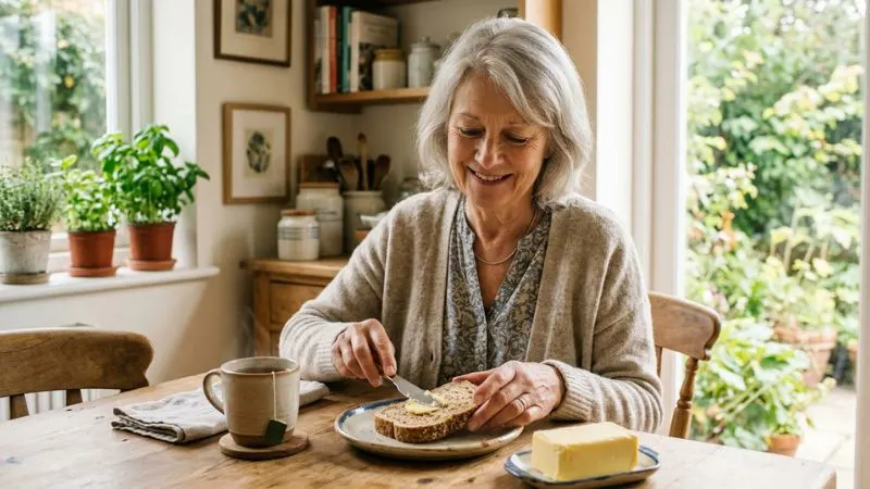 Femme âgée souriante mangeant du pain complet dans une ambiance de repas apaisée.