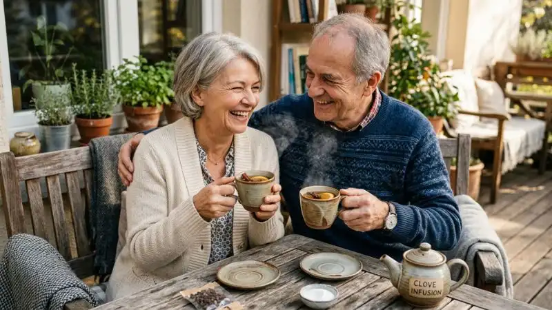 Couple de seniors souriants partageant une infusion au clou de girofle en terrasse, ambiance chaleureuse.