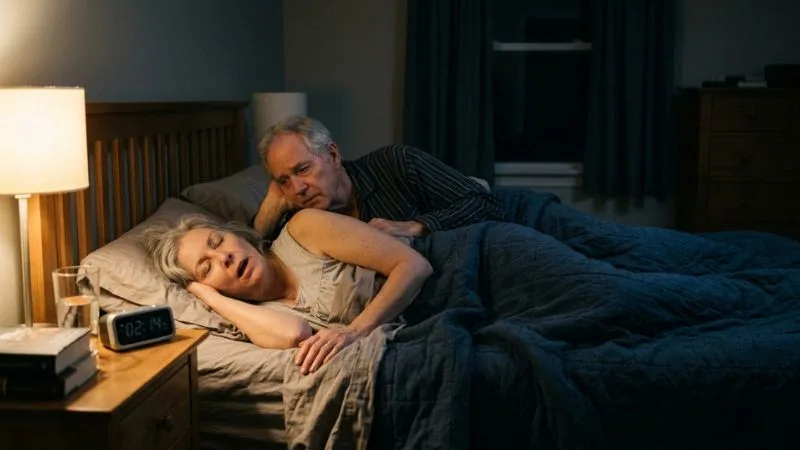 Couple de 60 ans dans un lit, l'un dort et ronfle, l'autre est réveillé et regarde son partenaire avec inquiétude, chambre éclairée par une lumière de nuit douce, ambiance nocturne réaliste.