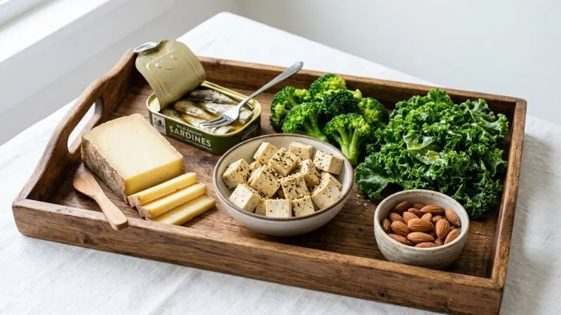 Plateau avec les meilleures sources de calcium : sardines, fromage, tofu, brocolis, chou kale et amandes
