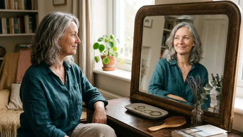 Femme mature de 55 ans regardant sereinement son reflet dans un miroir, symbolisant les changements corporels de la cinquantaine