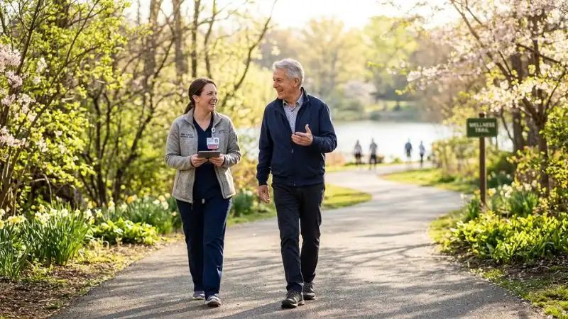 Homme senior marchant en plein air, en pleine discussion avec un professionnel de santé, symbole de rémission du diabète de type 2