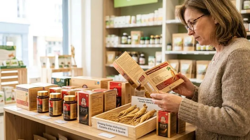 Plusieurs boîtes ou flacons de ginseng alignés sur une table, en pharmacie, avec une personne
en train de lire attentivement l’étiquette choisissant un ginseng de qualité.