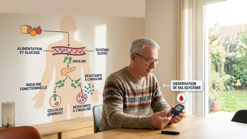 Homme senior consultant sa glycémie avec schéma sur l’insulinorésistance
