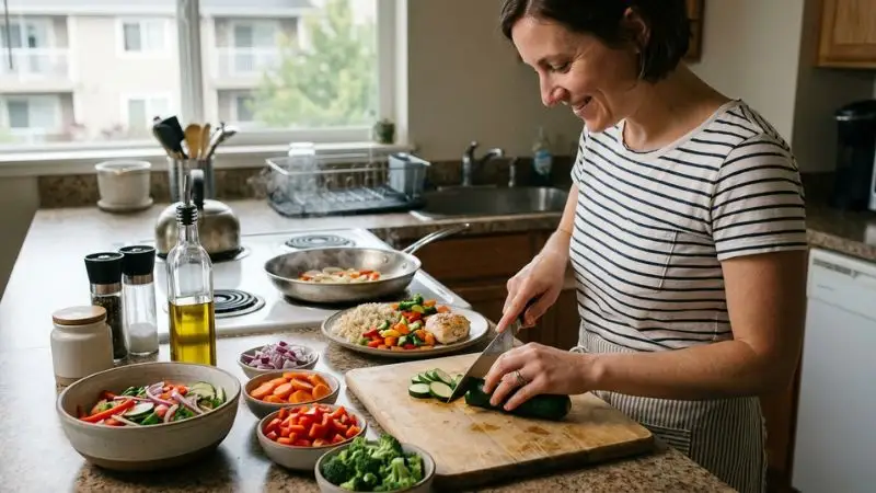 Femme senior préparant un repas équilibré adapté au diabète de type 2