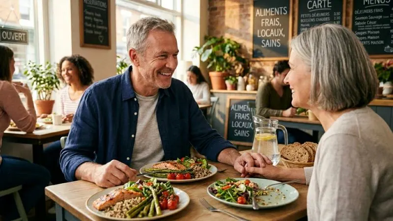 Couple senior partageant un repas sain et équilibré dans un restaurant