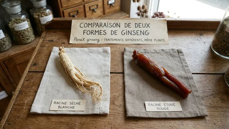 Deux racines de ginseng présentées côte à côte, l’une claire et l’autre rougeâtre pour montrer leurs différences.