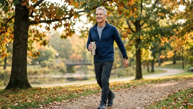 Homme de 55 ans, souriant, actif et en forme, dans une marche en extérieur illustrant les bienfaits du ginseng pour énergie et vitalité