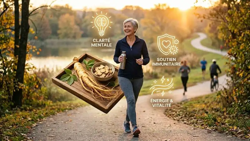 Femme 55 ans souriante et dynamique entourée des 4 bienfaits du ginseng : énergie, mémoire, immunité et vitalité