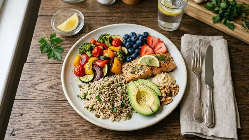 Assiette saine pour diabétique de type 2 avec légumes, protéines et céréales complètes