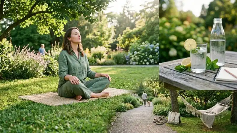 Des images de mode de vie actif : marche, activité physique douce, sommeil réparateur, détente, respiration,
hydratation