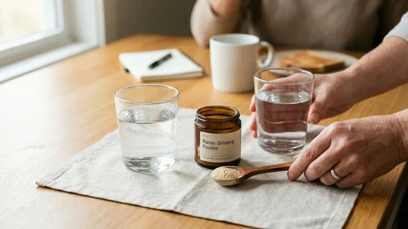Une scène simple montrant une préparation du ginseng en poudre avec eau pour une posologie simple après 50 ans