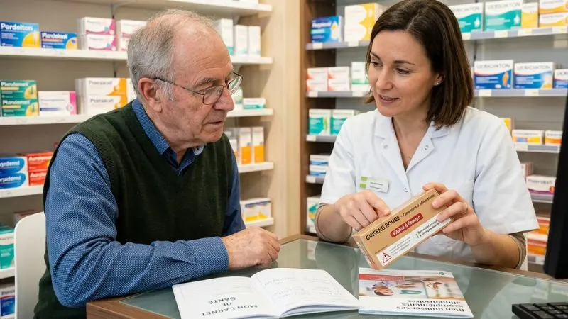 Un homme âgée consultant un pharmacien lisant
attentivement la notice d’un complément alimentaire