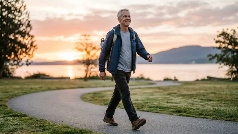 Homme senior marchant au lever du soleil, image d’un nouveau départ santé