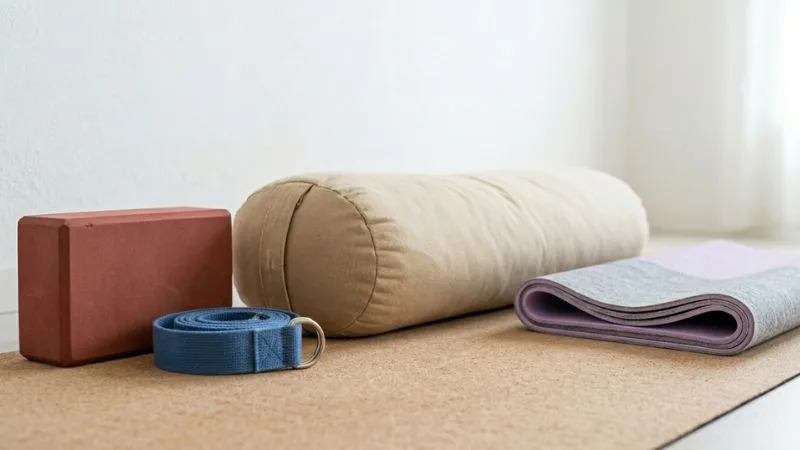 Accessoires yoga pour seniors débutants après 50 ans : brique rouge, sangle bleue, bolster beige, tapis de yoga,
mur stabilisateur