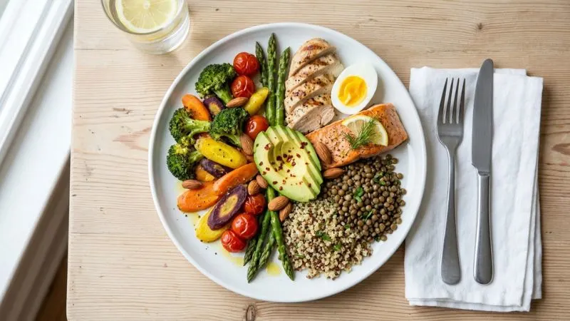 Assiette équilibrée après 50 ans avec protéines, légumes, céréales complètes et bonnes graisses